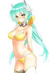 :&gt; alternate_hairstyle bikini blush bow breasts closed_mouth collarbone cowboy_shot detached_collar eyebrows_visible_through_hair fate/grand_order fate_(series) frilled_bikini frills from_side green_hair hair_between_eyes hair_bow hatakenaka_(kamagabuchi) head_tilt highres horns kiyohime_(fate/grand_order) kiyohime_(swimsuit_lancer)_(fate) long_hair looking_at_viewer medium_breasts navel simple_background solo standing swimsuit thighhighs twintails very_long_hair white_background white_legwear yellow_bikini yellow_bow yellow_eyes 