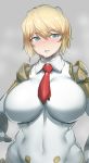  1girl aegis_(persona) android bangs blonde_hair blue_eyes blush bodysuit breasts curvy eyebrows_visible_through_hair grey_background hair_between_eyes huge_breasts natedecock necktie persona persona_3 short_hair solo upper_body visible_air 