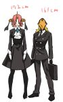  1girl alternate_costume avicebron_(fate) black_dress black_gloves blonde_hair cosplay dress facing_viewer fate/apocrypha fate/grand_order fate_(series) formal frankenstein's_monster_(fate) gloves hair_over_eyes height_difference holding horn kohige long_hair long_sleeves mask miyamoto_mitsuru pantyhose parody pink_hair r_dorothy_wayneright r_dorothy_wayneright_(cosplay) roger_smith roger_smith_(cosplay) seiyuu_connection short_hair standing suit suitcase the_big_o white_background white_gloves 