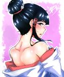  back bangs black_hair blunt_bangs blush chinese_knot hair_bun hair_tie highres japanese_clothes kimono kuonji_shizuka looking_at_viewer looking_back nape neck off_shoulder open_mouth partially_undressed pink_background sidelocks signature solo tied_hair tokyo_7th_sisters upper_body white_background yakimi_27 yellow_eyes 