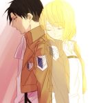  1girl back-to-back black_hair blonde_hair closed_eyes couple ghost levi_(shingeki_no_kyojin) light_smile medium_hair paradis_military_uniform petra_ral shingeki_no_kyojin short_hair simple_background smile 