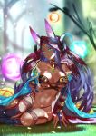  animal_ears blue_eyes breasts commentary_request fate/grand_order fate_(series) fox_ears highres hood horns jewelry junkbox large_breasts long_hair navel pixiv_fate/grand_order_contest_2 purple_hair queen_of_sheba_(fate/grand_order) revealing_clothes sitting smile solo 