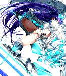  blue_eyes blue_ribbon boots breasts commentary_request crotch_plate dress fate/grand_order fate_(series) hair_ribbon highres juliet_sleeves long_hair long_sleeves looking_at_viewer meltlilith navel nida_tani pixiv_fate/grand_order_contest_2 puffy_sleeves purple_hair revealing_clothes ribbon sleeves_past_fingers sleeves_past_wrists small_breasts smile solo very_long_hair white_dress 