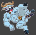  2018 4_fingers abs anal anal_penetration anthro ball_gag balls bdsm biceps blue_fur blue_nipples blush bovine buffalo cape_buffalo chastity chastity_cage chief_bogo collar digital_drawing_(artwork) digital_media_(artwork) disney fur gag gagged griz_urso hi_res horn male mammal muscular nipples penetration police_officer sex_toy solo zootopia 