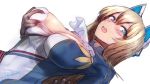  azur_lane bangs blonde_hair blue_eyes blush bow breast_grab breasts commentary_request glorious_(azur_lane) grabbing hair_bow kojima_(blue_stardust) large_breasts long_hair looking_back upper_body 