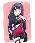  bang_dream! bangs black_bra black_choker black_hair black_jacket black_shorts bob_cut bra chain_necklace choker clothes_writing commentary_request cowboy_shot cross-laced_clothes dated drawstring earrings hand_up heart hood hood_down hooded_jacket jacket jewelry light_frown long_sleeves looking_at_viewer mitake_ran muchise multicolored_hair o-ring paint_stains pendant pink_background purple_eyes red_hair red_shirt shirt short_hair short_shorts shorts side_slit single_strap solo splatter_print streaked_hair studded thigh_strap torn_clothes torn_shirt underwear 
