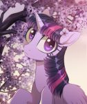  2018 digital_media_(artwork) equine eyelashes feathered_wings feathers female feral flower flower_in_hair friendship_is_magic hair horn looking_at_viewer mammal momomistress multicolored_hair my_little_pony plant purple_eyes solo tree twilight_sparkle_(mlp) winged_unicorn wings 