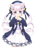  bangs bell blue_eyes bow cat_ears commission dress drill_hair hair_bell hair_ornament hat highres jingle_bell looking_at_viewer original runastark sailor_collar school_uniform smile twintails white_hair 