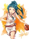  alternate_costume basketball basketball_uniform blue_hair collarbone commentary dribbling high_ponytail highres long_hair looking_ahead mole mole_under_eye open_mouth orange_background red_eyes shorts sidelocks signature socks solo sportswear tank_top tendouji_musubi tokyo_7th_sisters very_long_hair white_background yakimi_27 