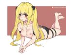  armband ass barefoot black_panties blonde_hair breasts closed_mouth eyebrows_visible_through_hair konjiki_no_yami long_hair looking_at_viewer lying medium_breasts nipples on_stomach orange_background orange_eyes panties patreon_logo patreon_username simple_background sketch skindentation solo to_love-ru tofuubear topless twintails underwear 