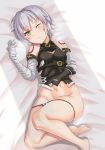  bandaged_arm bandages barefoot bed blush breasts commentary_request facial_scar fate/grand_order fate_(series) fingerless_gloves gloves green_eyes grey_hair jack_the_ripper_(fate/apocrypha) mo_shi navel one_eye_closed panties panty_pull scar scar_across_eye scar_on_cheek shirt short_hair shoulder_tattoo small_breasts solo tattoo underwear 