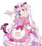  bangs bow cake cat_ears cat_tail commission cup dress food frilled_dress frills hairband lolita_fashion lolita_hairband long_hair looking_at_viewer maid maid_headdress open_mouth original pink_eyes runastark skirt_hold smile tail tail_bow teacup twintails white_hair 