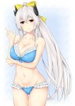  absurdres bikini blue_bikini blush bow breasts eyebrows_visible_through_hair fate/grand_order fate_(series) frilled_bikini frills grey_hair hair_between_eyes hair_bow highres horns kiyohime_(fate/grand_order) kiyohime_(swimsuit_lancer)_(fate) large_breasts long_hair looking_at_viewer navel pixiv_fate/grand_order_contest_2 ponytail red_eyes smile solo swimsuit v very_long_hair yellow_bow yuyusuika 