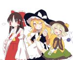  3girls :d apron ascot black_dress blonde_hair blush bow braid brown_eyes brown_hair closed_eyes commentary_request detached_sleeves dress facing_viewer green_hair grin hair_bow hair_tubes hakurei_reimu hat heart heart_of_string highres kirisame_marisa komeiji_koishi long_hair long_sleeves looking_at_viewer multiple_girls one_eye_closed open_mouth red_bow red_skirt sash shan shirt short_hair short_sleeves single_braid skirt skirt_set sleeves_past_wrists smile spoken_ellipsis third_eye touhou v w waist_apron witch_hat yellow_eyes yellow_shirt 