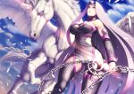  bare_shoulders bellerophon black_legwear breasts chain commentary_request detached_sleeves fate/grand_order fate_(series) feathered_wings gorgon highres itaco1987 long_hair open_mouth pegasus pixiv_fate/grand_order_contest_2 purple_eyes purple_hair rider thighhighs very_long_hair weapon wings 