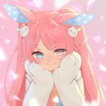  animal_ears bangs blue_eyes bunny_ears bunny_hair_ornament closed_mouth commission hair_ornament hands_up heterochromia looking_at_viewer original paws pink_eyes pink_hair runastark smile solo twintails upper_body 