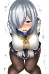  1girl black_legwear blue_eyes blue_sailor_collar blue_skirt breasts embarrassed empty_eyes eyebrows_visible_through_hair female gloves hair_ornament hair_over_one_eye hairclip half-closed_eyes hamakaze_(kantai_collection) have_to_pee jpeg_artifacts kantai_collection knees_together_feet_apart large_breasts leaning_forward neckerchief nose_blush open_mouth pantyhose pleated_skirt sailor_collar school_uniform serafuku shirt short_hair short_sleeves silver_hair simple_background skirt skirt_grab solo standing tears teeth terakoya trembling uniform white_background white_gloves white_shirt yellow_neckwear 