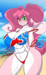  2018 abs anthro beach big_breasts big_hair bikini blush breasts cleavage clothed clothing day detailed_background female fur green_eyes hair happy lagomorph long_ears long_hair looking_at_viewer mammal mastergodai multicolored_fur muscular muscular_female outside pink_fur pink_hair rabbit rascals reiko_usagi seaside smile swimsuit thick_thighs two_tone_fur voluptuous white_fur wide_hips 