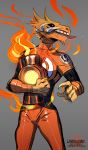  2018 alien anthro claws clothing dot_eyes drooling fire fur furikake green_lantern_(series) holding_object larfleeze male orange_fur orange_lantern pointing saliva solo standing suit tongue tongue_out tusks 