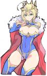  ahoge artoria_pendragon_(all) artoria_pendragon_(lancer) blonde_hair blue_legwear braid breasts cape closed_mouth commentary_request crown enpe fate/grand_order fate_(series) french_braid fur-trimmed_cape fur_trim green_eyes highres large_breasts leotard red_cape simple_background smile solo thighhighs white_background 