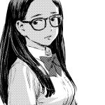  bangs bow bowtie collared_shirt commentary_request from_side glasses greyscale halftone highres long_hair looking_at_viewer looking_to_the_side monochrome nazoani_museum original parted_bangs parted_lips school_uniform shirt simple_background solo upper_body white_background wing_collar 