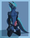  2018 absurd_res anthro blue_eyes blue_hair casparr clothing digital_media_(artwork) dragon earthstorm erection fur furred_dragon hair hi_res legwear looking_at_viewer male penis pose rubber simple_background slim smile solo stockings tattoo thigh_highs two_tone underwear 