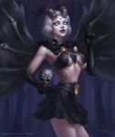  alternate_costume anolea artist_name center_opening dated discordia_(smite) facial_mark forehead_mark gloves horns lipstick makeup patreon_username skull smite solo tree white_eyes white_hair wings 