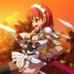  breasts cecily_cambell gloves large_breasts leotard nipples red_eyes red_hair seiken_no_blacksmith sheath solo sword takeda_yukimura thighhighs torn_clothes weapon 