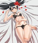  bare_legs bare_shoulders barefoot bed_sheet black_bra black_hair black_panties blue_eyes blush bra breasts choker covered_nipples feet hajime_(caramel_toone) hands kuromi kurumi_nui lingerie lowleg lowleg_panties lying navel on_back onegai_my_melody panties petals rose_petals sheet_grab small_breasts solo strapless strapless_bra twintails underwear underwear_only 