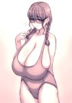  1girl blush braids breasts cameltoe clavicle cleavage collarbone female glasses huge_breasts long_hair magaki_ryouta monochrome one-piece_swimsuit sagging_breasts simple_background solo standing swimsuit tied_hair twintails white_background 
