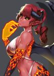  bangs black_sclera blush breasts collarbone commission dragon eyebrows_visible_through_hair glowing glowing_hand horn large_breasts long_hair looking_at_viewer lulu-chan92 original ponytail red_hair smile solo wings yellow_eyes 