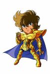  armor blue_eyes boots breastplate brown_hair cape chibi clenched_hand closed_mouth commentary_request gold_armor gold_saint highres kotatsu_(g-rough) legs_apart leo_aiolia looking_at_viewer male_focus purple_cape saint_seiya serious shoulder_armor simple_background solo spaulders white_background 