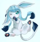  anus blue_fur blush butt claws eeveelution female feral fur glaceon nintendo one_eye_closed open_mouth pawpads paws pok&eacute;mon pok&eacute;mon_(species) pussy raised_hindleg raised_tail ruchita simple_background solo spread_legs spreading toes video_games 