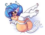  2018 animal_humanoid areola barefoot blue_eyes blue_hair breasts butt capcom cat_humanoid claws clitoris darknud darkstalkers eyelashes fangs felicia_(darkstalkers) feline female fur hair hi_res humanoid legs_up long_hair looking_at_viewer lying mammal nipple_piercing nipples on_back open_mouth piercing pussy signature slit_pupils solo toe_claws tongue tongue_out video_games white_fur 
