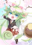  1girl alternate_costume alternate_hair_color alternate_hairstyle blush bow cherry_blossoms fluffy_ears green_hair league_of_legends long_hair lulu_(league_of_legends) magical_girl pix_(league_of_legends) pointy_ears ribbon school_uniform skirt solo staff star_guardian_lulu yordle 