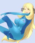  1girl ass blonde_hair blue_bodysuit bodysuit breasts creatures_(company) erect_nipples game_freak hair_ornament large_breasts metroid nintendo nom_(nomhun) pokemon pokemon_(game) pokemon_dppt samus_aran samus_aran_(cosplay) shirona_(pokemon) smile thighs yellow_eyes zero_suit 