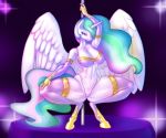  2018 anthro anthrofied armwear big_breasts bra breasts camel_toe clothing crouching elbow_gloves equine feathered_wings feathers female friendship_is_magic gloves hair hair_over_eye horn legwear lens_flare long_hair looking_at_viewer mammal multicolored_hair my_little_pony pole princess_celestia_(mlp) purple_eyes sanfingulipunrapin simple_background smile solo spread_legs spreading stockings stripper_pole thigh_highs thong underwear winged_unicorn wings 