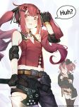  anger_vein asymmetrical_clothes axe bangs bare_shoulders belt black_gloves black_pants black_ribbon blush breasts character_request collar collarbone cz-75_(girls_frontline) elbow_pads eyebrows_visible_through_hair fingerless_gloves girls_frontline gloves hair_ornament hairclip holding holding_axe holding_hair long_hair looking_at_viewer mania_(fd6060_60) midriff multiple_girls open_mouth pants red_eyes red_hair ribbon scope sidelocks sleeveless twintails weapon 