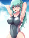  alternate_hairstyle aqua_eyes aqua_hair armpits arms_behind_head blue_sky blush breasts cloud collarbone commentary_request competition_swimsuit covered_navel covered_nipples day eyebrows_visible_through_hair groin hair_ornament hairclip highleg highleg_swimsuit highres kantai_collection kihou_no_gotoku_dmc large_breasts long_hair looking_at_viewer one-piece_swimsuit open_mouth outdoors ponytail sky smile suzuya_(kantai_collection) swimsuit thighs wet 