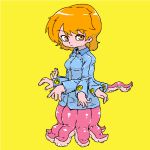  arms blonde_hair blue_shirt breasts buttons collared_shirt extra_arms eyebrows_visible_through_hair gobori looking_at_viewer monster_girl octopus orange_eyes original shiny shirt simple_background solo standing tentacles yellow_background 