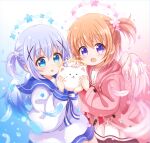  2girls :d angora_rabbit animal araki495 blue_eyes blue_flower blue_hair blue_sailor_collar blush brown_hair chestnut_mouth coat commentary_request dress feathered_wings flower gochuumon_wa_usagi_desu_ka? hair_flower hair_ornament halo highres holding holding_animal hood hood_down hooded_coat hoto_cocoa kafuu_chino long_sleeves multiple_girls one_side_up open_clothes open_coat pink_coat pink_flower pleated_dress puffy_long_sleeves puffy_sleeves purple_eyes rabbit sailor_collar smile tippy_(gochiusa) white_dress white_sailor_collar white_wings wings yellow_flower 