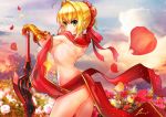  aestus_estus ahoge ass back blonde_hair bow breasts cawang closed_mouth cloud cowboy_shot fate/extra fate/grand_order fate_(series) flower gloves green_eyes hair_bow hair_bun hair_flower hair_intakes hair_ornament looking_at_viewer medium_breasts naked_scarf nero_claudius_(fate) nero_claudius_(fate)_(all) nude petals planted_sword planted_weapon red_bow red_flower red_rose red_scarf rose rose_petals scarf see-through short_hair sideboob sky solo sword weapon 