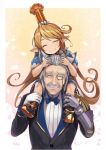  1girl ^_^ animal_ears black_footwear blonde_hair blue_bow blush boots bow bowtie carrying charlotta_fenia closed_eyes commentary_request crown facial_hair gauntlets granblue_fantasy hinami_(hinatamizu) long_hair monocle mustache pointy_ears revision sevastian_(granblue_fantasy) shoulder_carry silver_hair smile very_long_hair 
