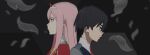  1boy 1girl back-to-back bangs black_hair blue_eyes couple darling_in_the_franxx feathers fringe gorakun green_eyes hair_ornament hairband hetero hiro_(darling_in_the_franxx) horns long_hair military military_uniform necktie oni_horns orange_neckwear pink_hair red_horns red_neckwear short_hair uniform white_hairband zero_two_(darling_in_the_franxx) 