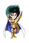 armor blue_cape boots breastplate cape capricorn_shura chibi closed_mouth commentary_request fighting_stance fingerless_gloves gauntlets gloves gold_armor gold_saint green_eyes green_hair hand_up kotatsu_(g-rough) looking_at_viewer male_focus saint_seiya simple_background smile solo standing white_background 
