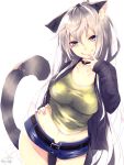  :q animal_ear_fluff animal_ears belt black_belt black_choker black_jacket blue_eyes blue_shorts breasts cat_ears cat_girl cat_tail chita_(ketchup) choker closed_mouth collarbone commentary fingernails groin hand_on_hip highres jacket large_breasts long_hair looking_at_viewer open_clothes open_jacket original shirt short_shorts shorts signature silver_hair simple_background smile solo tail tongue tongue_out very_long_hair white_background yellow_shirt 