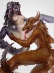  2018 anthro black_hair brayann breasts cunnilingus dragon duo fangs feline female female/female fur furred_dragon hair half-closed_eyes horn inner_ear_fluff interspecies levelviolet long_hair looking_at_viewer looking_back looking_pleasured mammal navel nipples nude open_mouth oral panther purple_eyes pussy sex simple_background spots spotted_fur spread_legs spreading tongue tongue_out vaginal ven whiskers white_background yellow_eyes 