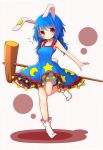 absurdres animal_ears bangs bare_arms bloomers blue_hair bunny_ears crescent dress eyebrows_visible_through_hair full_body highres inon kine long_hair looking_at_viewer low_twintails notice_lines parted_lips red_eyes see-through seiran_(touhou) sleeveless sleeveless_dress socks solo standing standing_on_one_leg star touhou twintails underwear white_legwear 