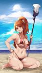  bangs beach bikini blush breasts collarbone commentary commission day english_commentary eyebrows_visible_through_hair highres large_breasts long_hair looking_at_viewer lulu-chan92 original panties panty_pull parted_lips ponytail skindentation sky smile solo swimsuit underwear weapon 