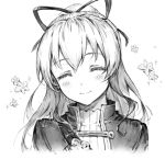  blush closed_eyes closed_mouth facing_viewer flower granblue_fantasy greyscale hair_ribbon haoni head_tilt long_hair monochrome ponytail ribbon sketch smile solo sparkle upper_body vira_lilie 